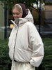Women Deer Spotted Hooded Puffer Jacket Brown White Dots Drawstring Hood Cropped Elastic Cuff Coats Warm Winter Casual Outerwear