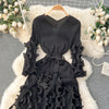 European Court Style Dress for Women A Design Sense Tassel V-neck Slim Fit Long High-temperature Pleated Flared Sleeve