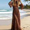 Deep V Neck Embroidery Lace Woman Dress Spring Hollow Out High Waist Crochet Dresses Autumn Flare Sleeve Jacquard Long Dress