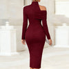 Sexy Turtleneck Off Shoulder Hollow Party Dresses Woman Spring Slid Ruched Slit Midi Dress Elegant Long Sleeve Office Lady Dress