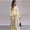 Solid Yellow Pant 2 Piece Set Women's Full Sleeves Buttons Waist-cinching Coats Wide-leg Trousers Ladies Autumn Outfit