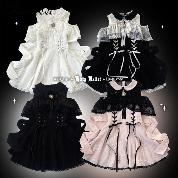 Original Japanese Lace Off-Shoulder Long Sleeve Dress Sweet Girl Kawaii Bowknot Women's Elegant Lolita Short Dresses