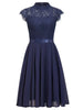 Womens Lace High Neck Cap Sleeve Cocktail Knee Length Solid Color With Satin Waist Belt Formal Wedding Party Dress