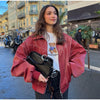 Women Dusty Pink Faux Suede Cropped Jacket Chic Full Zip Stand Collar Elastic Hem Short Coat Autumn Casual Street Outwear