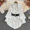 Spring Office Lady Shirt Dress Women Long Lantern Sleeve Sashes Waist Robe Femme Single Breasted Short Dresses