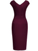 Women Vintage Cap Sleeve V-Neck Ruched Slim Knee Length Cocktail Party Wrap Sheath Bodycon Pencil Dress
