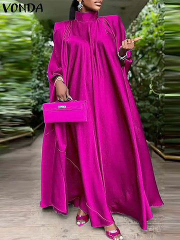 Women Elegant Satin Dress Long Bat Sleeve Stand Collar Evening Pleated Maxi Sundress Casual Solid Loose Robe