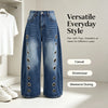 Missuoo Women's Washed Blue High-Waist Metal Grommet Wide Leg Jeans Casual Loose Fit Streetwear Pants Casual Trousers