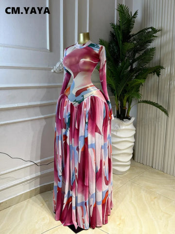 Women Print O-neck Long Sleeve Pleated Long Maxi Dress Spring Evening Party Birthday Vacation Dresses Vestidos