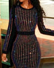 Sequin Round Neck Women Dress Striped Solid Splice Party Tight High Waist Casual Sexy Hip Wrap Long Sheath Dresses