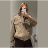 Casual Suede Jackets Women Loose High Neck Long Sleeves Pocket Zipper Coats Female Autumn Winter Chic Solid Outwear