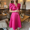 Women's Elegant Satin Silk Party Dress Puff Sleeve V-Neck Bow A-Line Midi Dresses Wedding Guest Cocktail Robes Femme