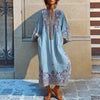 Women Bohemian Ethnic Floral Print Maxi Dress Half Open Collar 3/4 Sleeve Pocket Loose Fit Casual Holiday Retro Long Dress