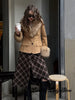 Beige Faux Suede Women Jacket Fur Collar Cuffs Trim Button Front Coat Vintage Western Cowgirl Style Warm Winter Outerwear