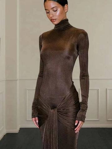Turtleneck Long Sleeve Bodycon Dress Women Tight Elastic Lace-up Maxi Dresses Winter Evening Party Curvy Robe Red Brown