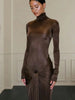 Turtleneck Long Sleeve Bodycon Dress Women Tight Elastic Lace-up Maxi Dresses Winter Evening Party Curvy Robe Red Brown