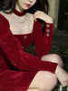 Women's Slim Fit A-line Velvet Dress Christmas Clothes Square Collar Long-sleeved Red Sweet Girl Autumn Winter