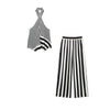Fall Striped Patchwork Women Blue Suit Neck-mounted Vest+ Modern Straight Pants Night Party Streetwear Set