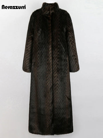 Winter Extra Long Thick Warm Elegant Striped Fluffy Faux Mink Fur Coat Women Stand Collar Maxi Overcoat