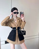 Original Design Blazer Women Loose Spliced Pocket Korean Shrug Notched Single Breasted Blazer Mujer Femal with Belt
