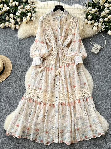 Spring Autumn Palace Style Lace Splicing Dress for Women French Retro Long Sleeve Printed Embroidered Long Dress D02