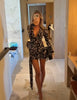 Sexy Black Print Wrap Mini Dress Women Long Sleeve Deep V Neck Button Tie Waist Bodycon Party Gown Chic Evening Clubwear