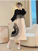 Tie Flower Design Women's Pleated Dress O-neck Long Sleeve Colorblock Patchwork Chic Beading Loose Famale Clothes