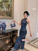 Chinese Style Woman Jacquard Satin Shoulder Digging Improved Slim Fit Cheongsam Printed Waist Cinching Dress Long S