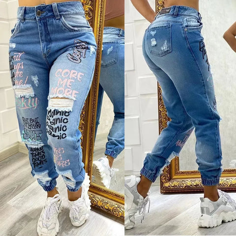 Jeans Women Stylish Monogrammed Slashed Marabou Chino Jeans Casual Length Trousers Plus Size Pants For Female