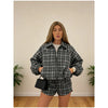 Women Casual Plaid Shorts Set Lapel Long-sleeved Zipper Jacket Short Pants Suit Lady Spring Daily Loose Outfits