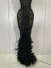 Sparkly Red Rhinestones Feather Sexy Mesh See Through Long Dress Women Birthday Evening Nightclub DJ Dancer Stage Costume