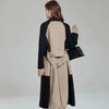 Women Autumn Winter Double-faced Polyester Blends Long Style Elegant Patchwork Woolen Overcoat High Street Slim Sashes Outerwear