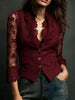 Elegant Sexy V Neck Lace Patchwork Women's Shirt Top See Through Long Sleeve Hollow out Single Button Slim Tops Blazer