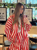 Vintage Contrast Striped Coat Pants Suit Women Chic Zipper Elastic Waist Button Lantern Trouser Suit Autumn Daily Street Outfit