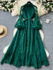 Spring Autumn European American Stand Up Collar Single Breasted Lace Dress Women Elegant Embroidery Large Swing Long Dress C205