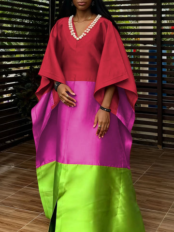 Elegant Women Satin Colorblock Bubu Dresses Beading V Neck Batwing Sleeves Kaftan Loose Africa Traditional Party Boubou Gowns