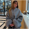 Women Fur Splicing Grey Woolen Coat Casual Belt Full Sleeve Lapel Loose Cardigan Outwear Lady Winter Highstreet Jacket