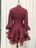 Elegant Pink High Neck Organza Fabric Mini Dresses for Women Puff Sleevs Ruched Waist Tiered Ruffles for Cocktail Parties