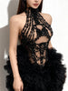 Black Diamonds Mesh Sexy See Through Cocktail Mini Dress Women Eveing Birthday Party Singer Nightclub Show Stage Costume