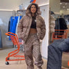 Winter Leopard Print Thicken Coat Pants Women Set Long Sleeve Zippers Hooded Jacket Wide Leg Trousers Lady Outfit