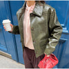Women Lapel Collar Single Button Croc Embossed Leather Jacket Long Sleeve Drop Shoulder Patch Pocket Loose Retro Short Street