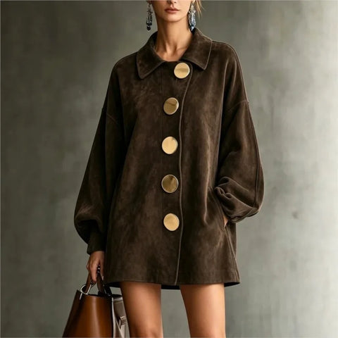 Women Faux Suede Coat Lapel Collar Dress Large Gold Button Loose Lantern Sleeve Mid‑Length Casual Streetwear Dress