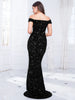 Off The Shoulder Mermaid Evening Dress Red Stretchy Sequin Velvet Slash Neck Floor Length Women Party Dresses