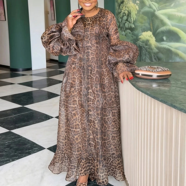 Women Elegant Leopard Print Organza Dress O Neck Oversized Puff Long Sleeve Ruffle Hem Loose Fit Casual Party Church Event Gown