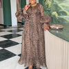 Women Elegant Leopard Print Organza Dress O Neck Oversized Puff Long Sleeve Ruffle Hem Loose Fit Casual Party Church Event Gown