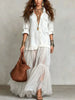 Women's Denim Maxi Dress Mesh Splice Long Sleeve Turn Down Collar Single-breasted Belted Organza Hem Casual Elegant Shirt Dress