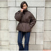Women Brown Drawstring Waist Puffer Jacket Stand Collar Warm Cotton Padded Coat Casual Oversized Winter Parka Outerwear