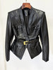 High Street Designer Jacket Women's Belt Slim Fitting Leather Button Pocket Decoration Artificial Leather Blazer