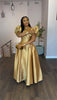 Puff Sleeve Elegant Dress for Women's Square Collar Gold Solid Pleated A-line Evening Party Cocktail Long Dresses