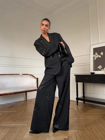 Women Black Sequin Embroidery Blazer 2 Piece Set Full Sleeve Lapel V-neck Coat Wide Leg Pants Suit Lady Spring Outfits